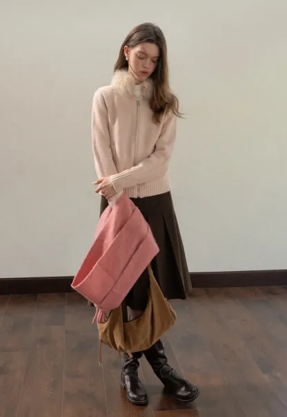 Women Faux Fur Collar Zip Up Short Jacket