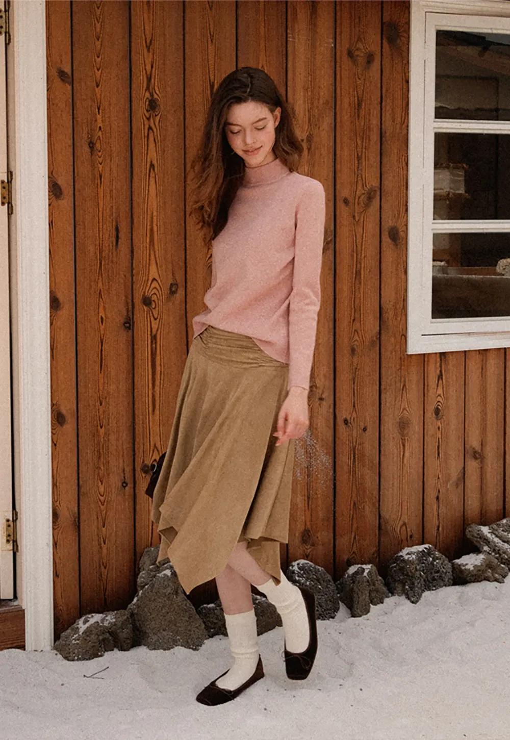 Ruched Waist Asymmetric Midi Skirt