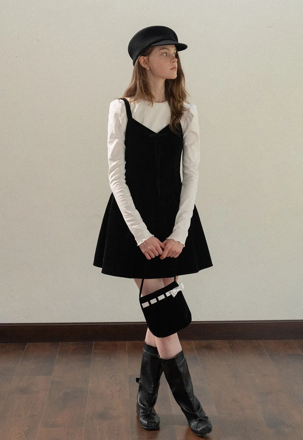 Women Black Velvet Pinafore Dress with Tie Front and Adjustable Straps