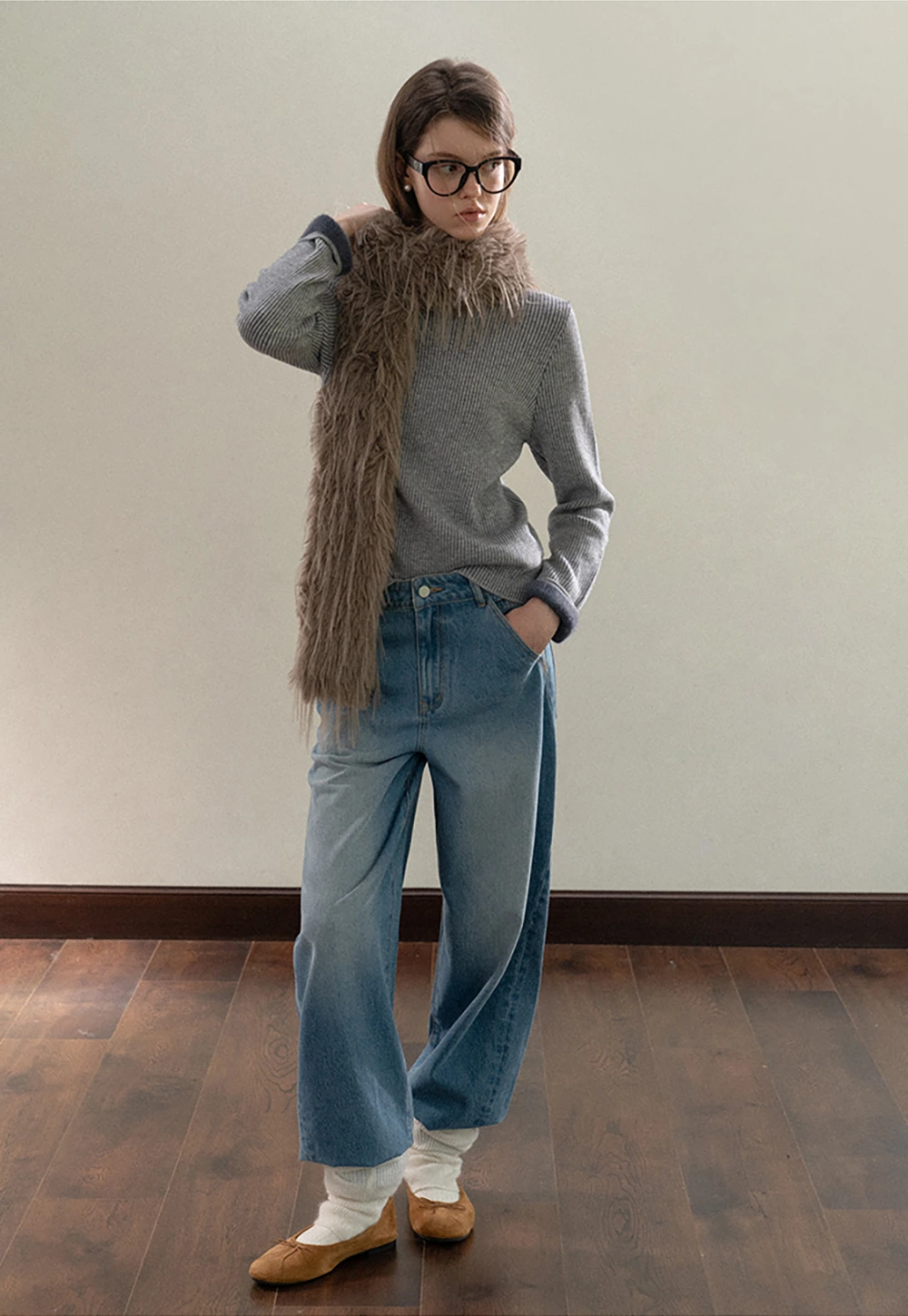 Stand-Collar Ribbed Fleece Knit Top