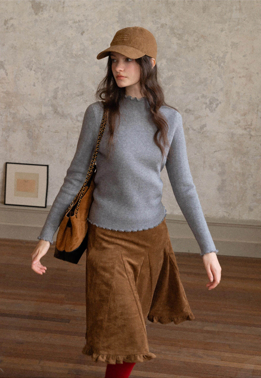 Women Basic Ribbed Sweater with Ruffled Edges