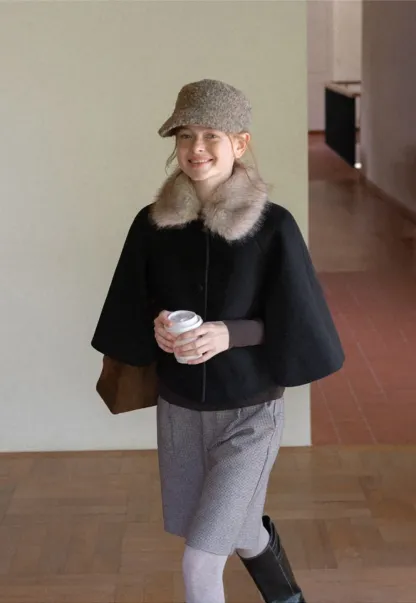 Faux Fur Trimmed Cape Wool Coat