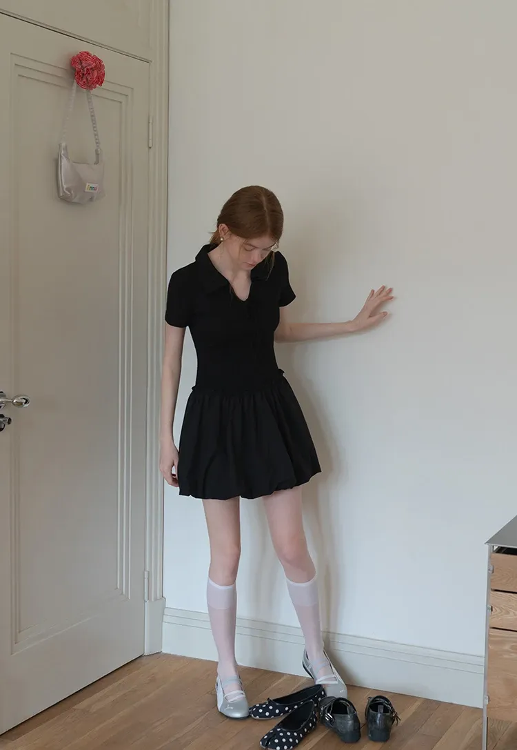 Women's Collared Knit Dress with Bow Tie and Ruffle Hem