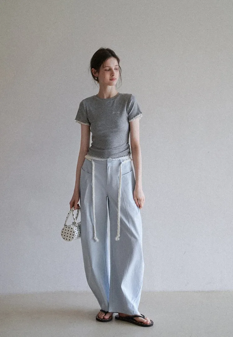 Wide-Leg Trousers with Braided Drawstring Detail