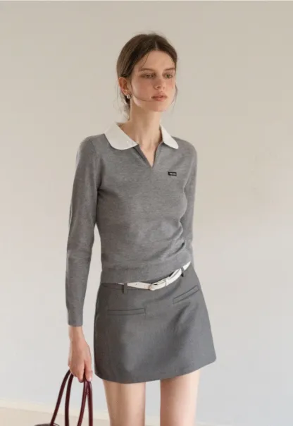 Women's Contrast Collar Long Sleeve Polo Top