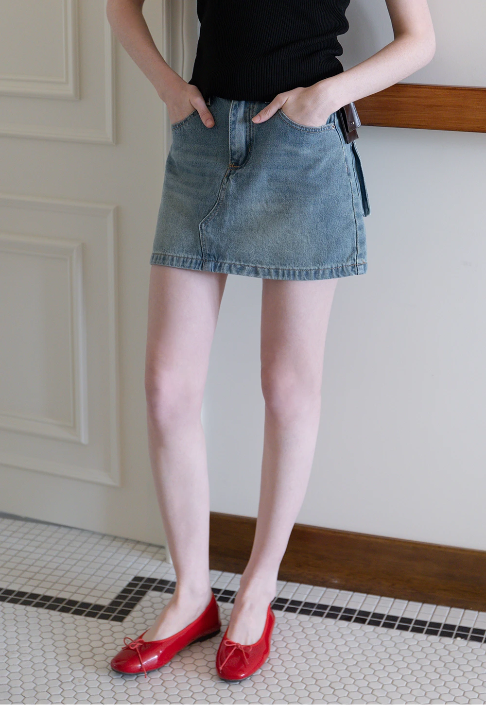 Women’s A-Line Denim Mini Skirt with Belt and Pocket Pouch