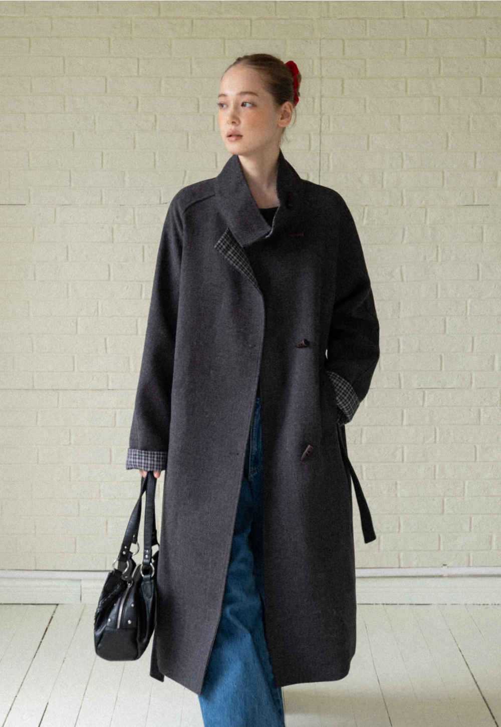 Womens Stand Collar Toggle Wool Coat with Plaid Trim