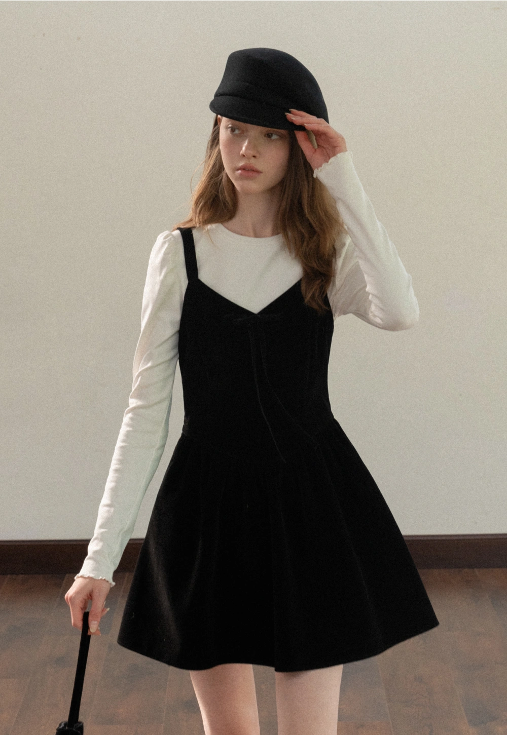 Women Black Velvet Pinafore Dress with Tie Front and Adjustable Straps