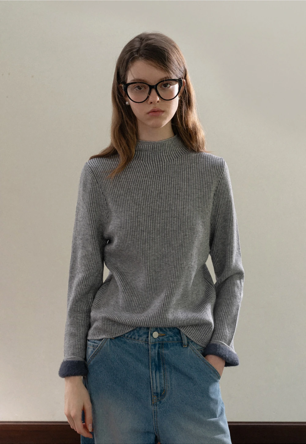 Stand-Collar Ribbed Fleece Knit Top