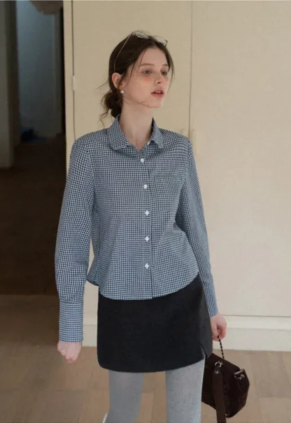 Women Classic Gingham Checkered Button-Up Shirt