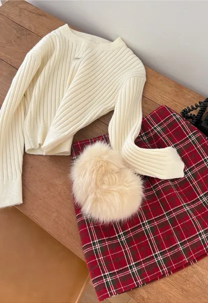 Plaid Mini Skirt and Knee-High Boots Casual Style