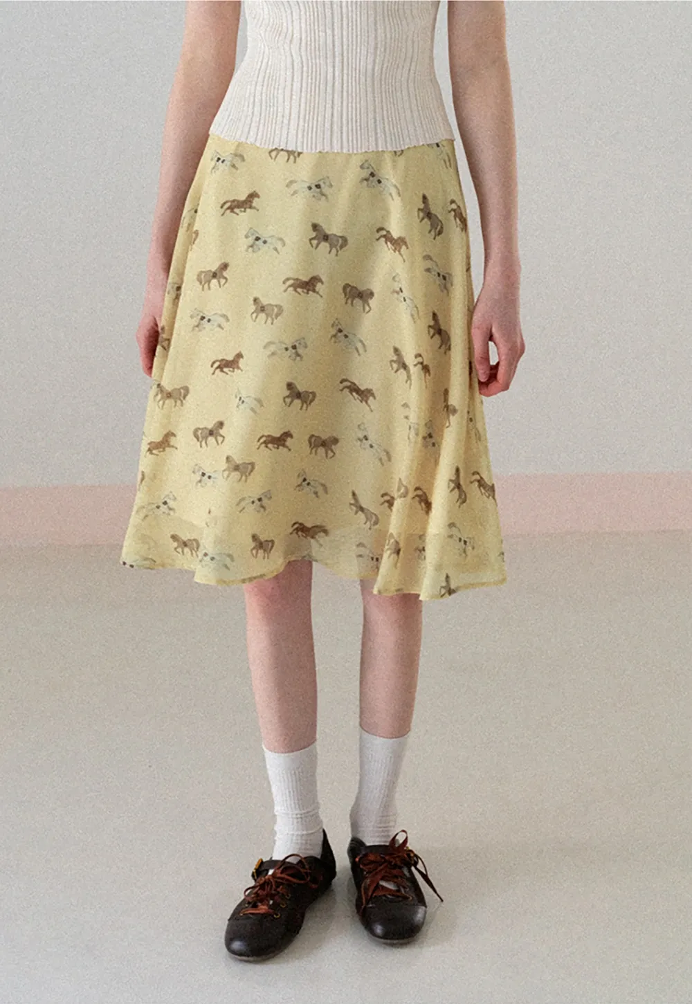 Horse Print Flared Midi Skirt