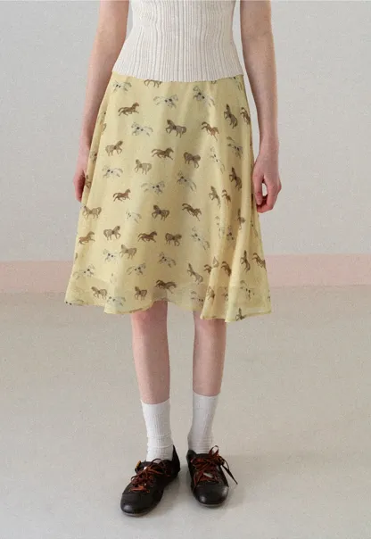 Horse Print Flared Midi Skirt