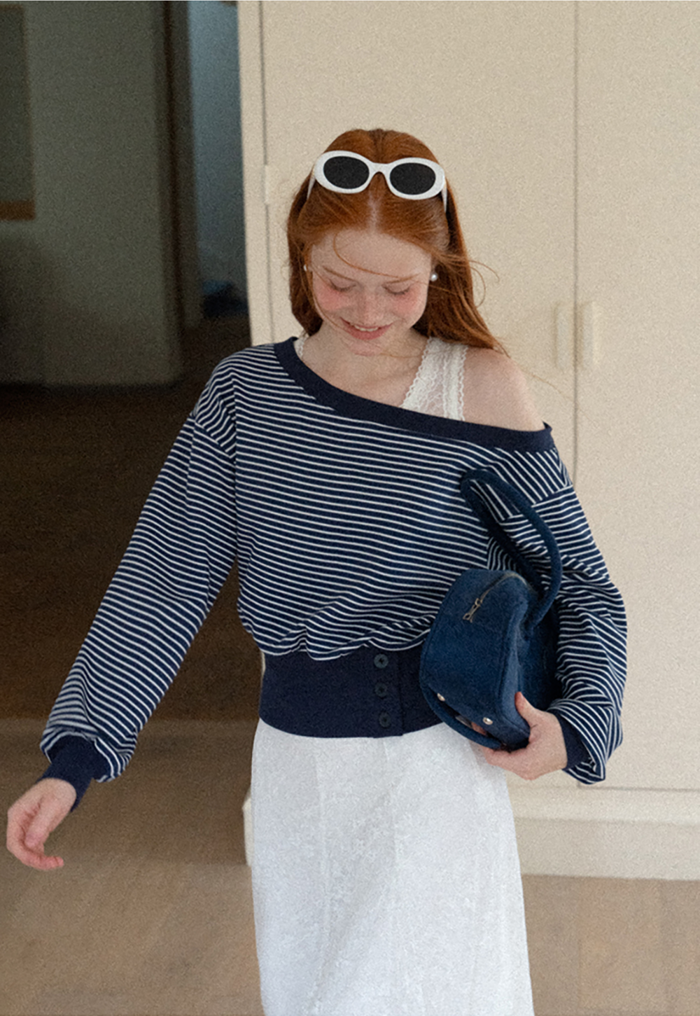 Off-the-Shoulder Striped Sweatshirt and Lace Tank Top Set