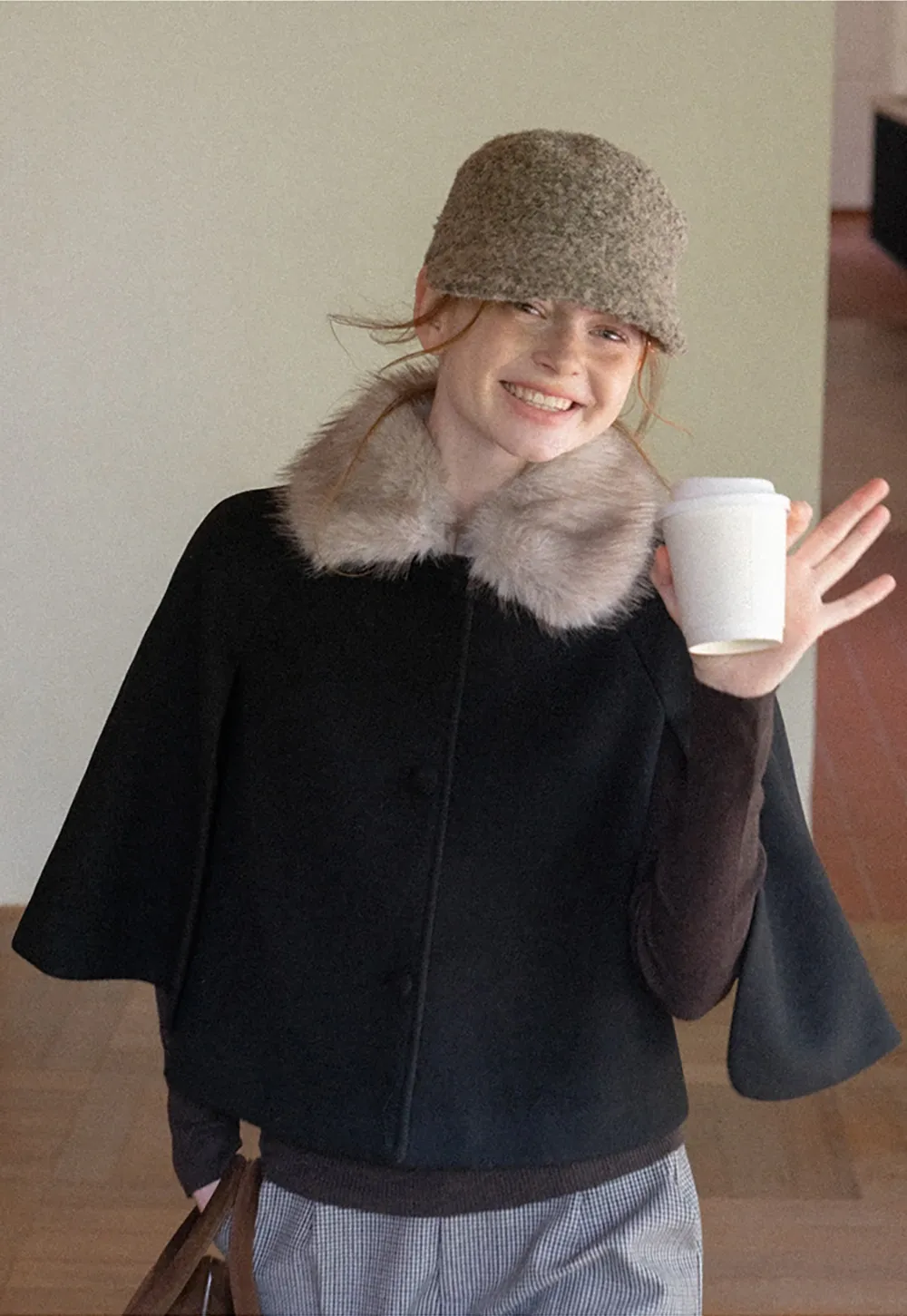 Faux Fur Trimmed Cape Wool Coat