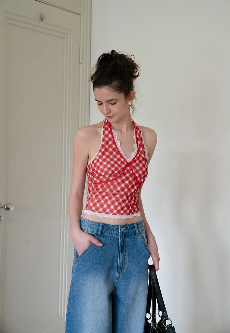 Gingham Lace Halter Top