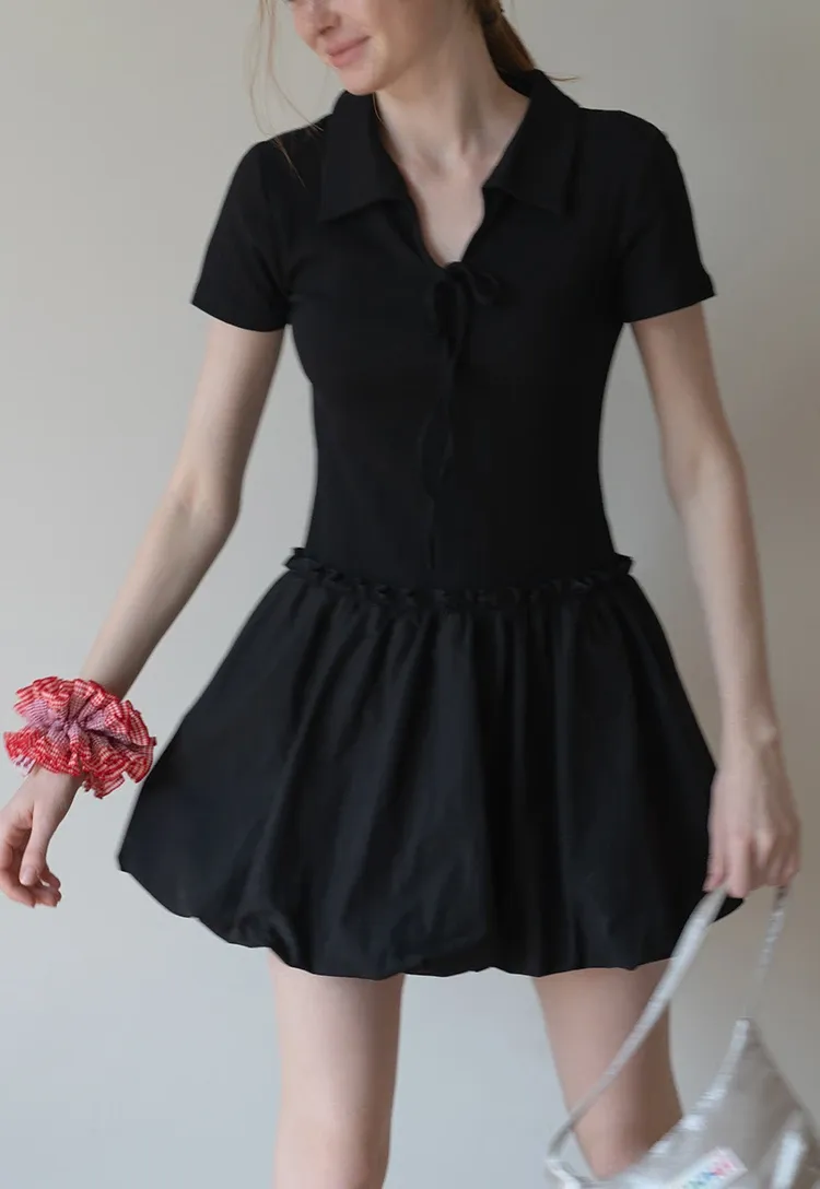 Women's Collared Knit Dress with Bow Tie and Ruffle Hem