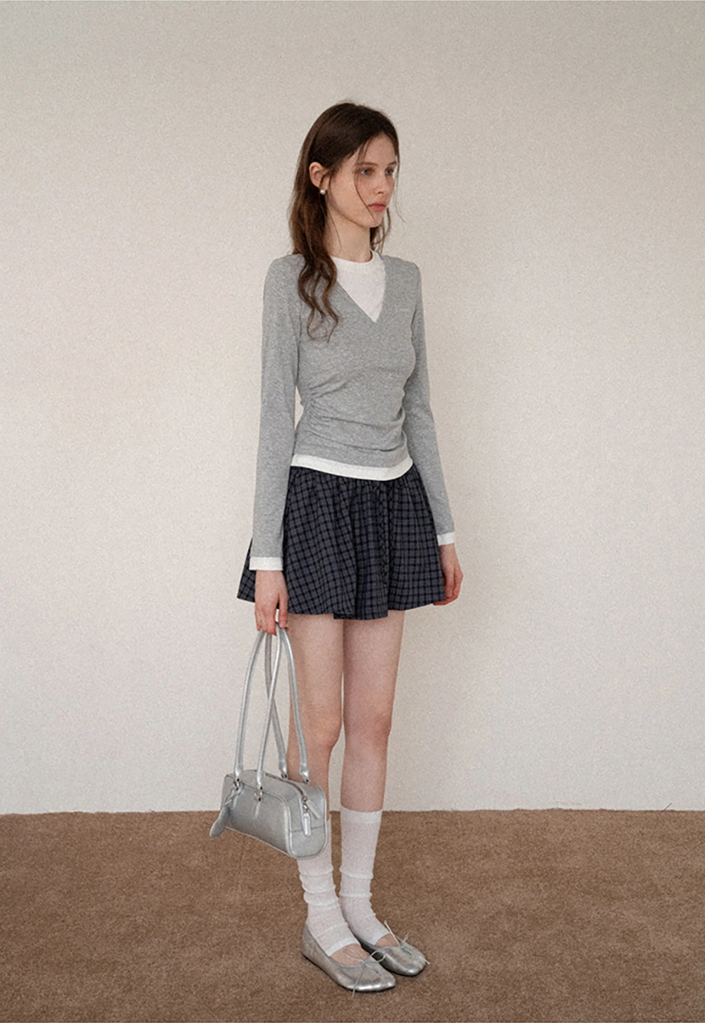 Women's Layered V-Neck Ruched Long Sleeve Top