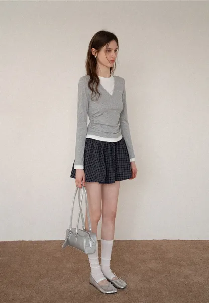 Women's Layered V-Neck Ruched Long Sleeve Top