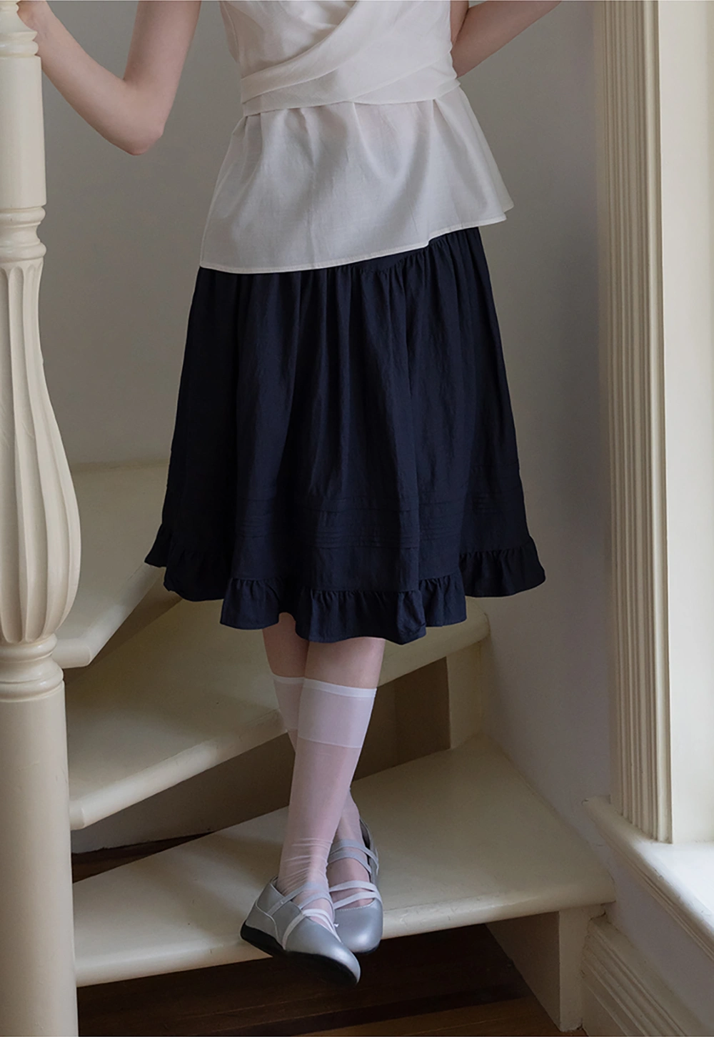 Women's High Waist Midi Skirt with Ruffle Trim and Statement Design