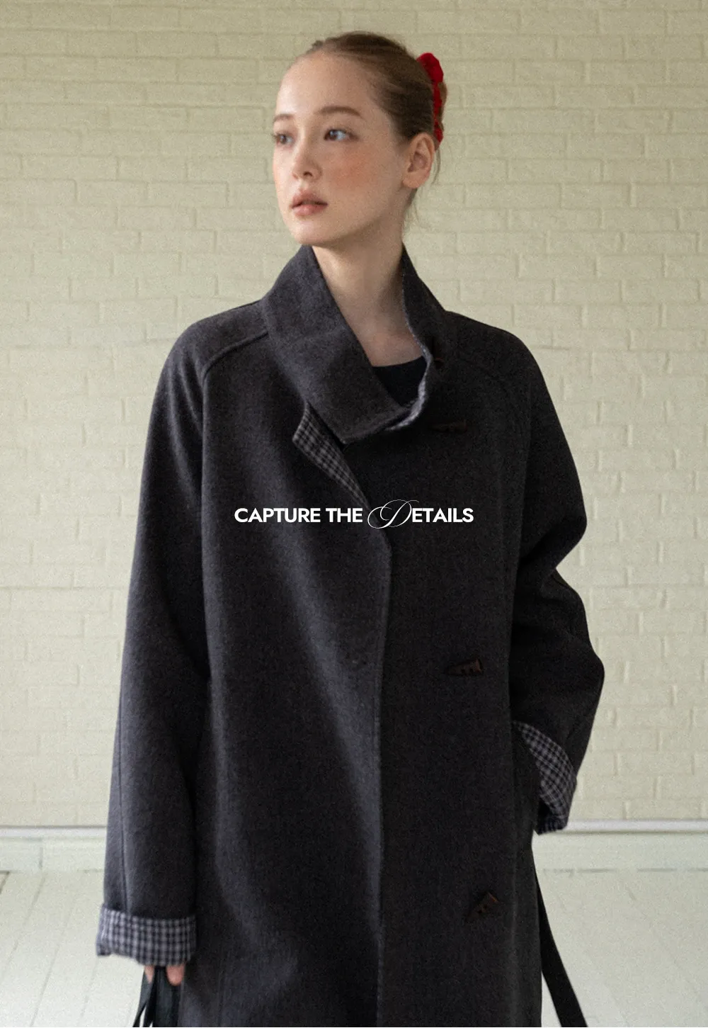 Womens Stand Collar Toggle Wool Coat with Plaid Trim