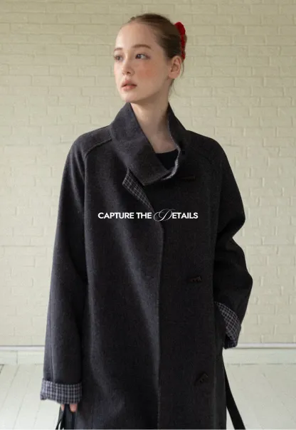Womens Stand Collar Toggle Wool Coat with Plaid Trim