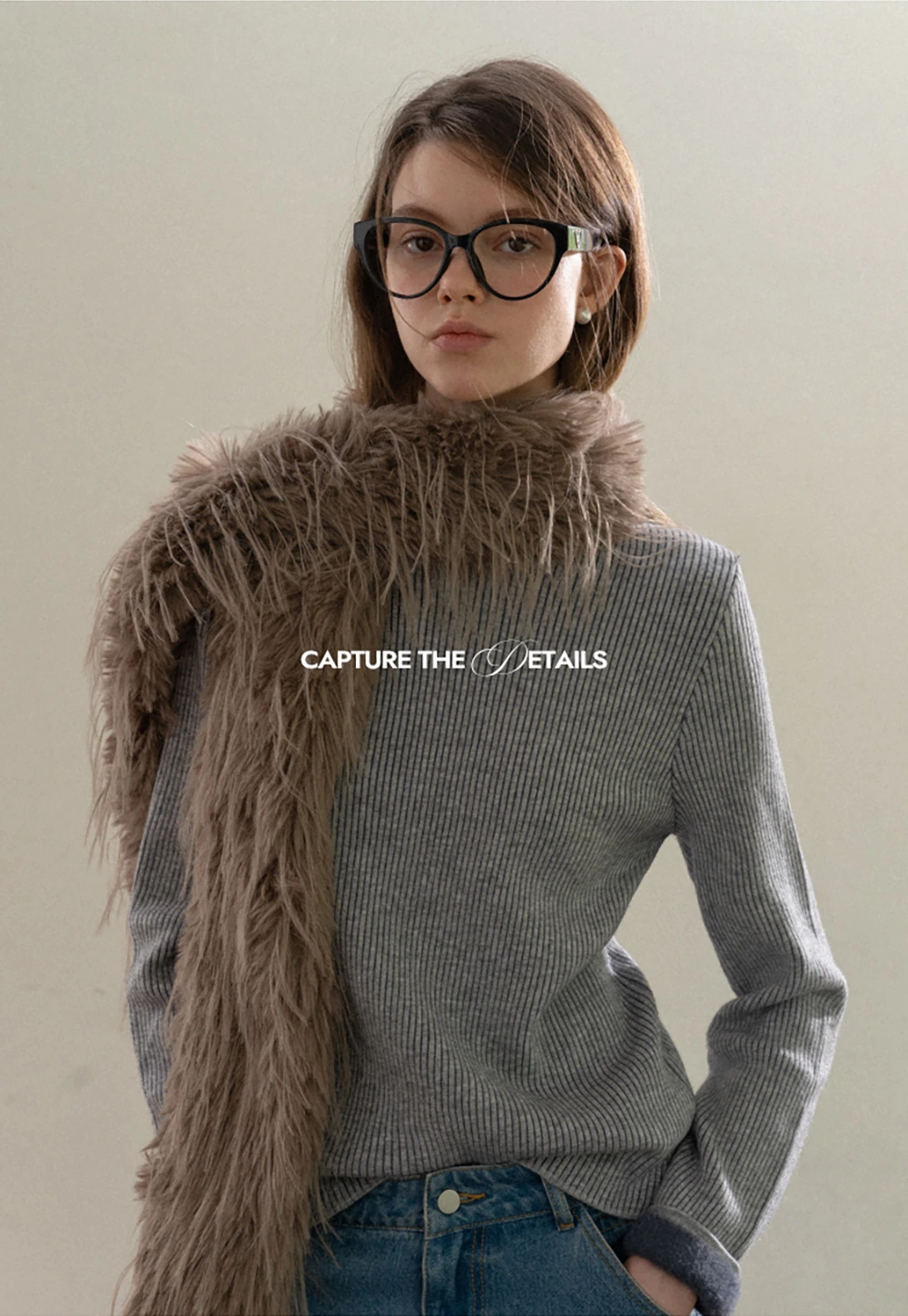 Stand-Collar Ribbed Fleece Knit Top