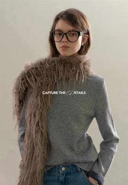 Stand-Collar Ribbed Fleece Knit Top