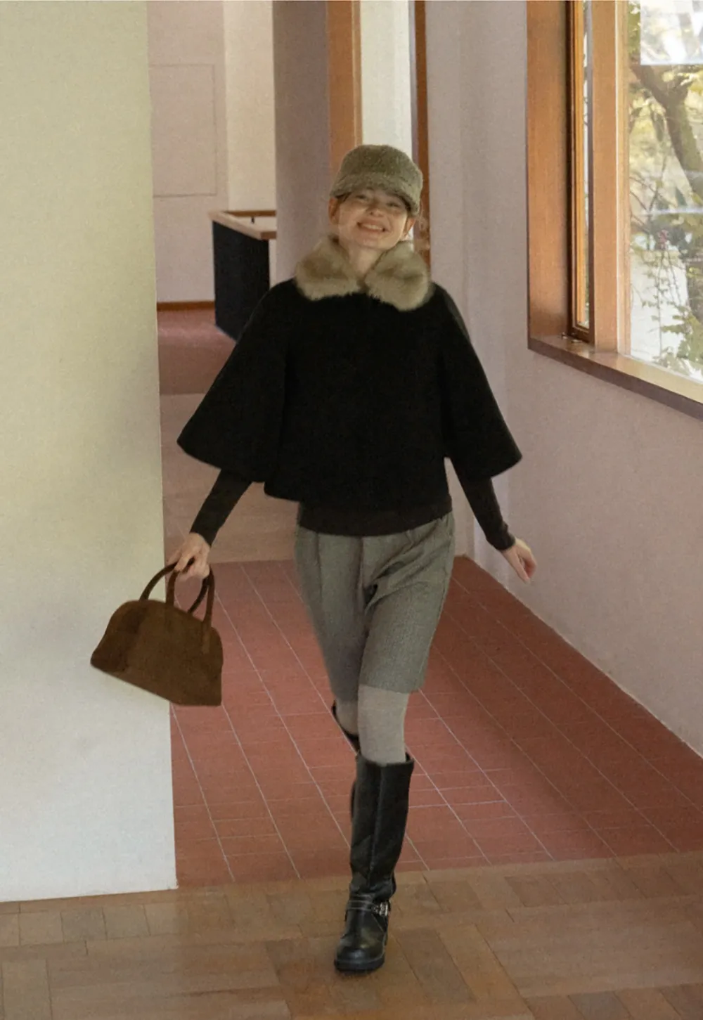 Faux Fur Trimmed Cape Wool Coat