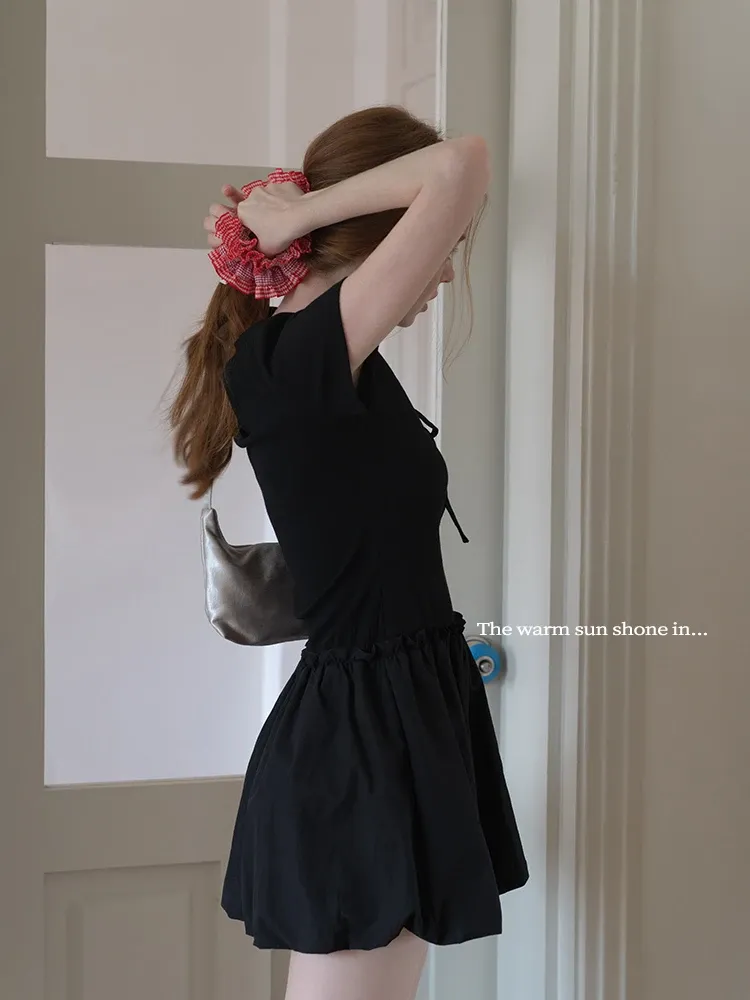 Women's Collared Knit Dress with Bow Tie and Ruffle Hem