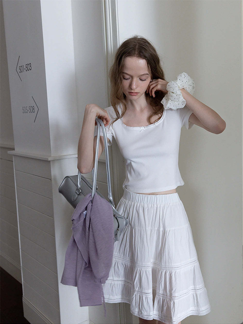Square Neck Ribbed Tee with Bow Detail