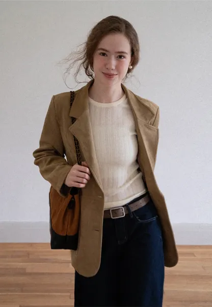 Faux Suede Blazer Jacket for Women with Pockets