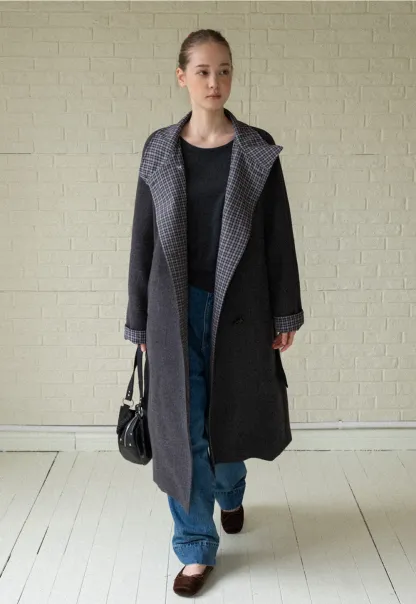 Womens Stand Collar Toggle Wool Coat with Plaid Trim