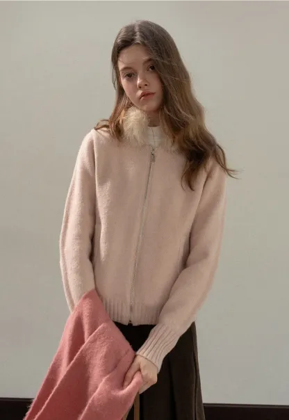 Women Faux Fur Collar Zip Up Short Jacket