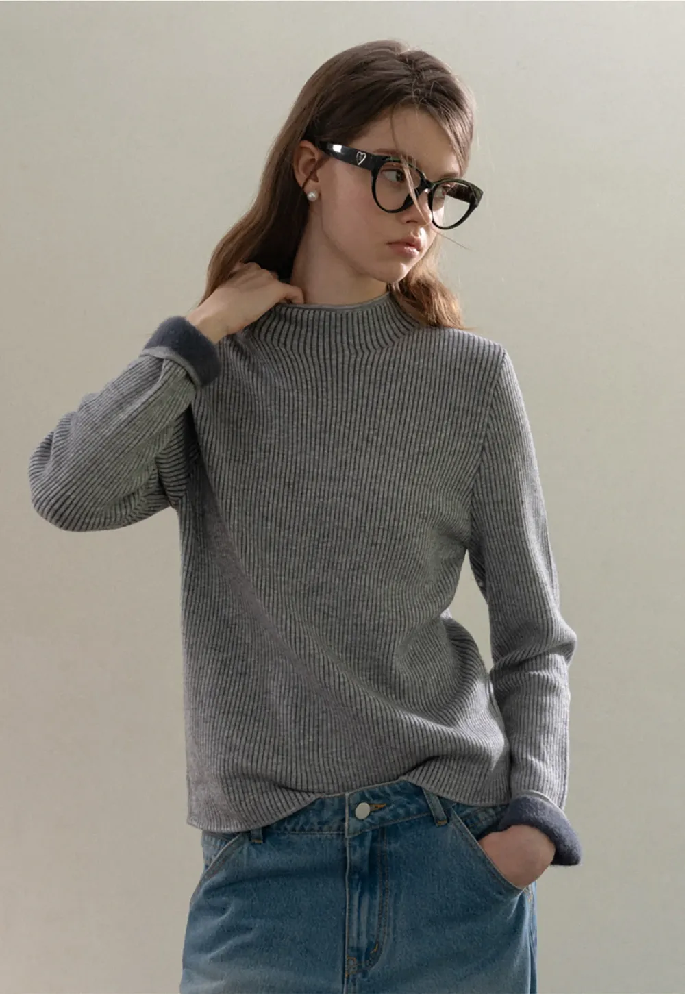 Stand-Collar Ribbed Fleece Knit Top