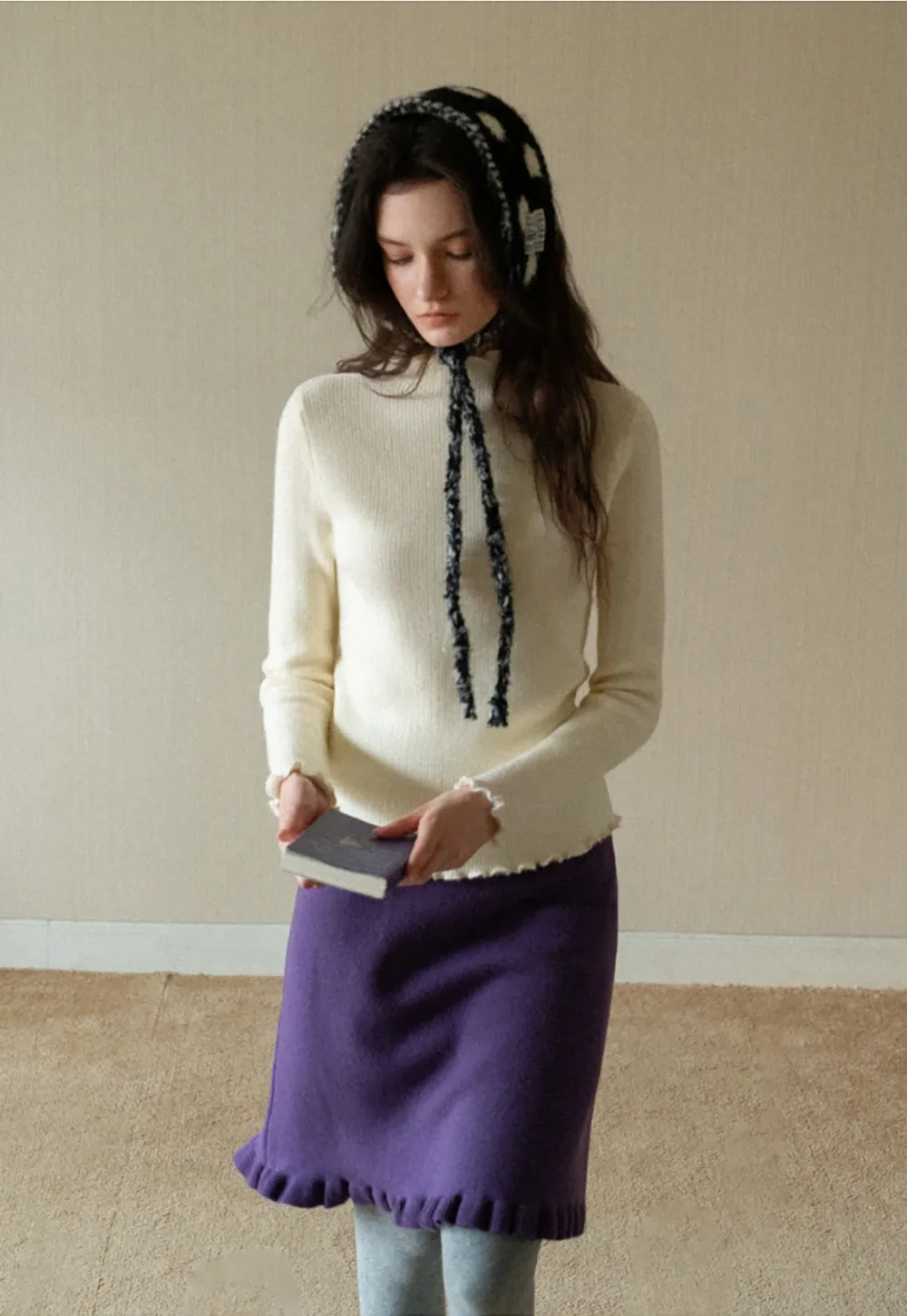 Women Basic Ribbed Sweater with Ruffled Edges