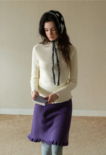 Women Basic Ribbed Sweater with Ruffled Edges