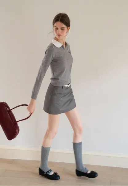 Women's Contrast Collar Long Sleeve Polo Top