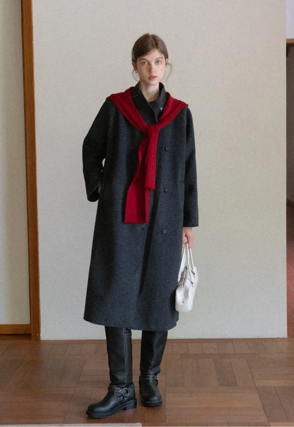 Wool Blend Belted Coat with Scarf Detail