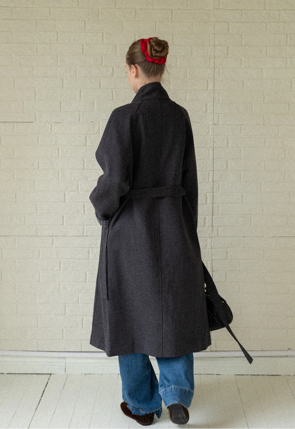 Womens Stand Collar Toggle Wool Coat with Plaid Trim