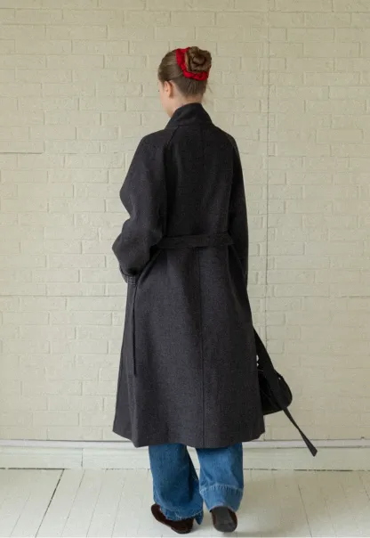 Womens Stand Collar Toggle Wool Coat with Plaid Trim