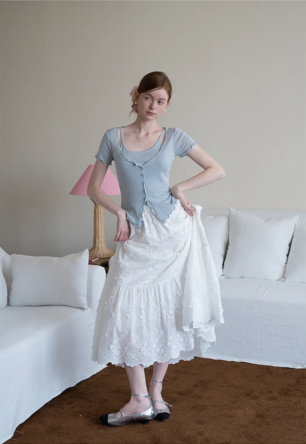 Women’s Ruffle Hem Button Down Knit Top