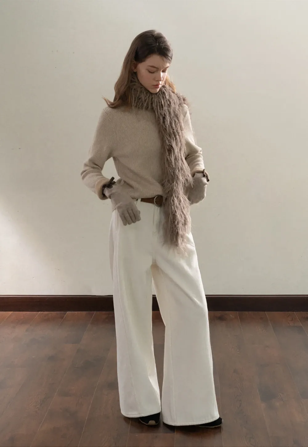 Stand-Collar Ribbed Fleece Knit Top