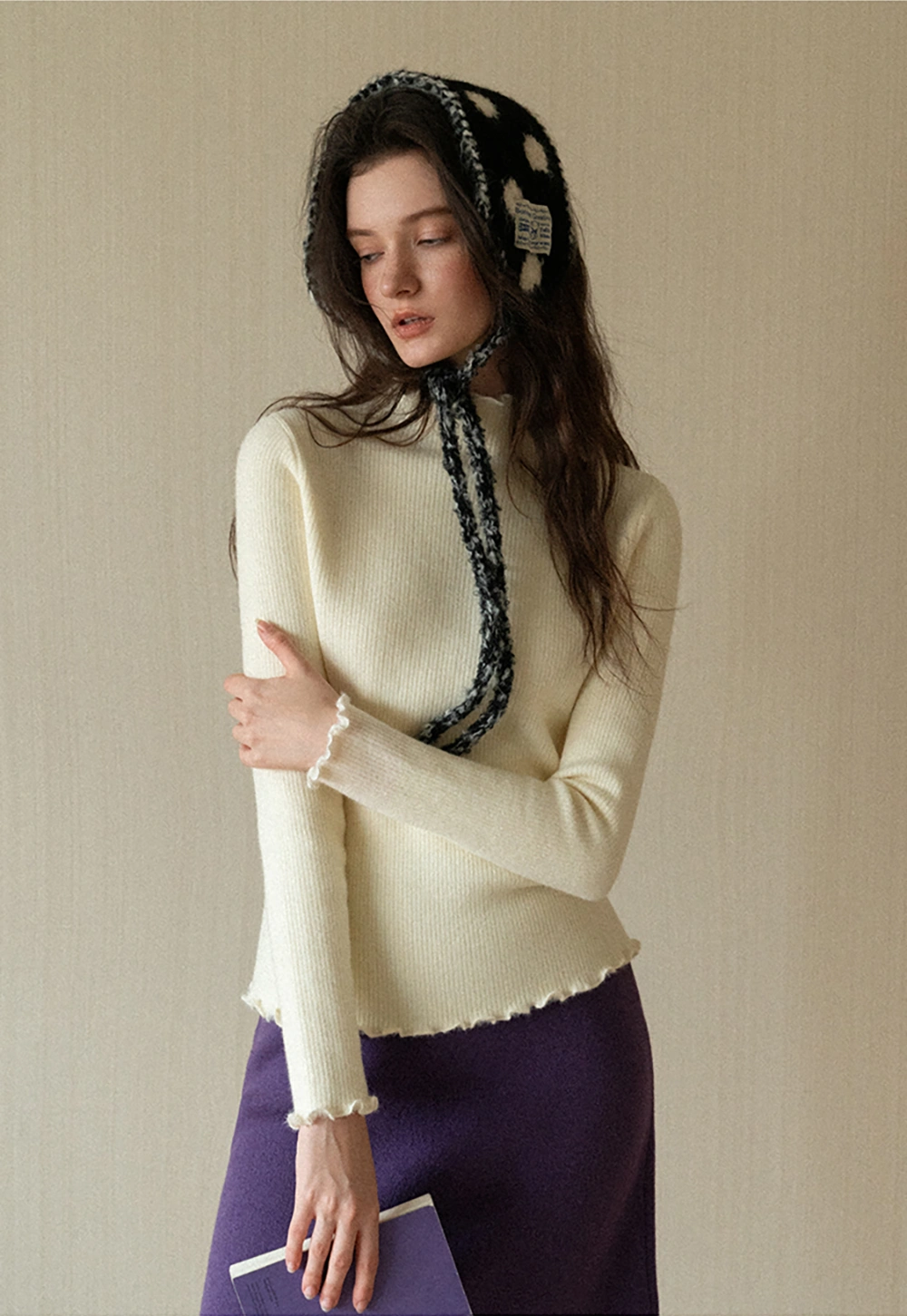 Women Basic Ribbed Sweater with Ruffled Edges