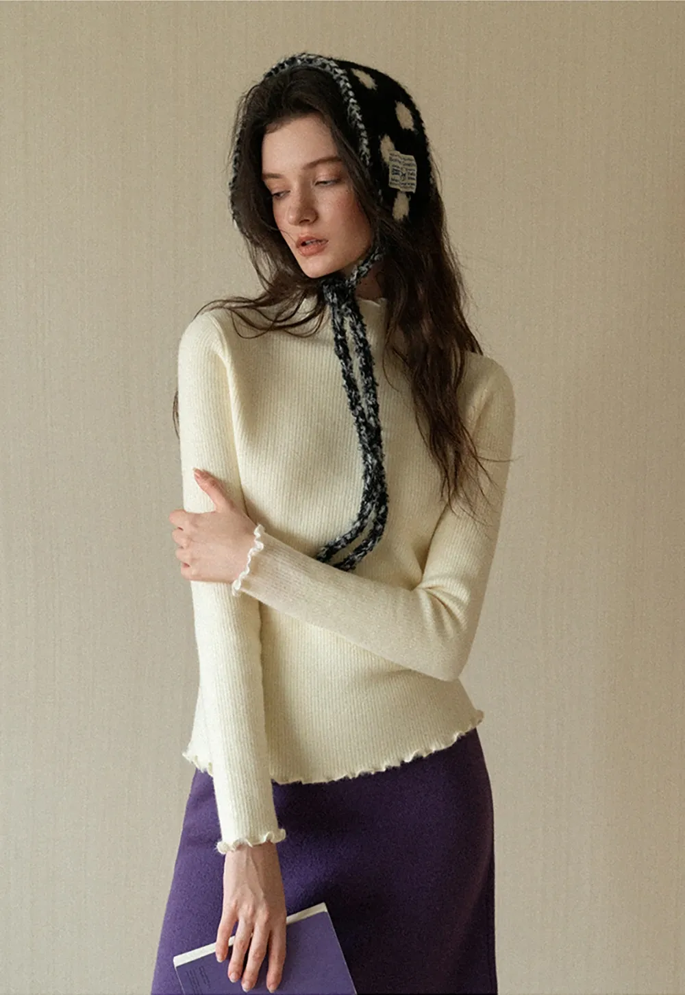 Women Basic Ribbed Sweater with Ruffled Edges