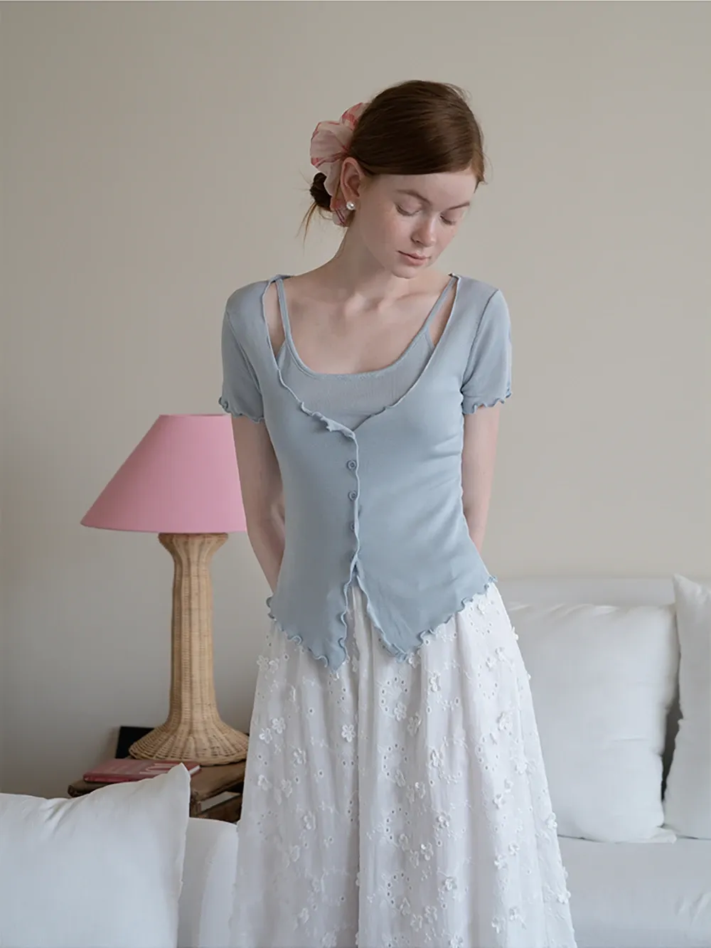 Women’s Ruffle Hem Button Down Knit Top