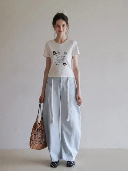 Wide-Leg Trousers with Braided Drawstring Detail