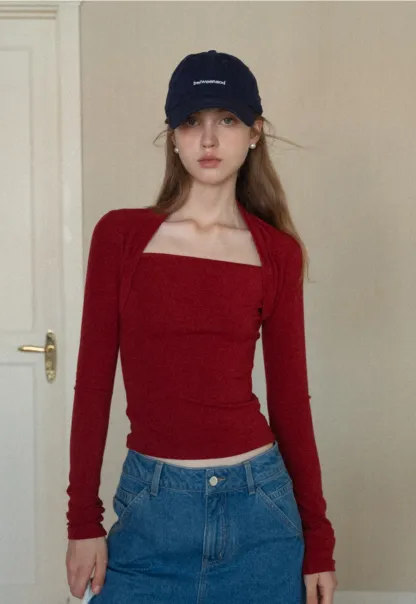 Square Neck Long Sleeve Slim Fit Top