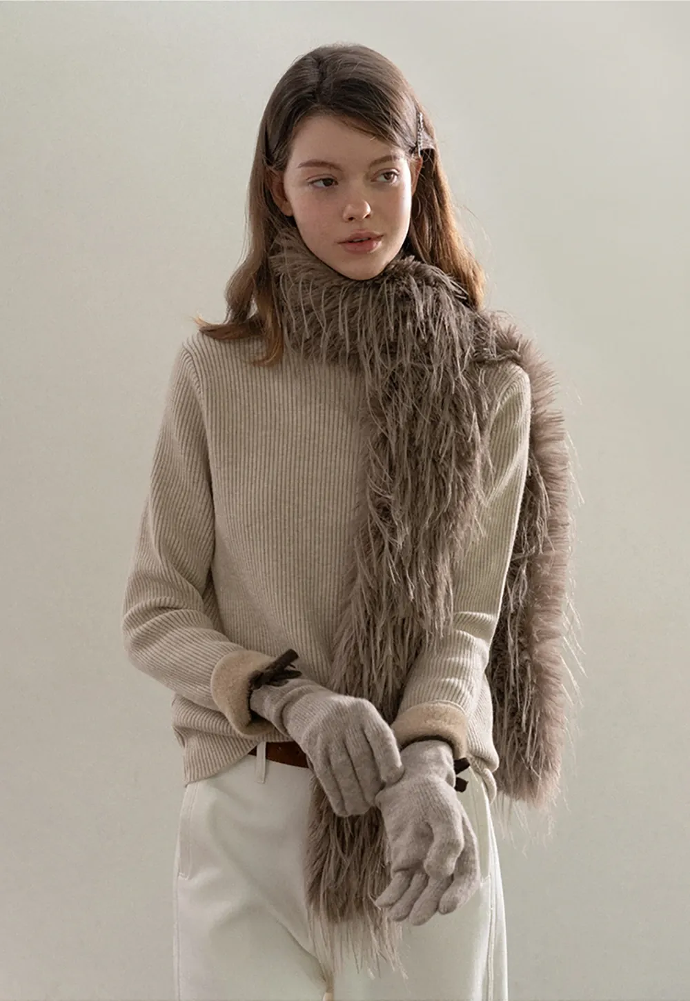 Stand-Collar Ribbed Fleece Knit Top