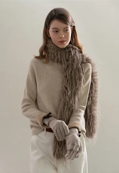 Stand-Collar Ribbed Fleece Knit Top